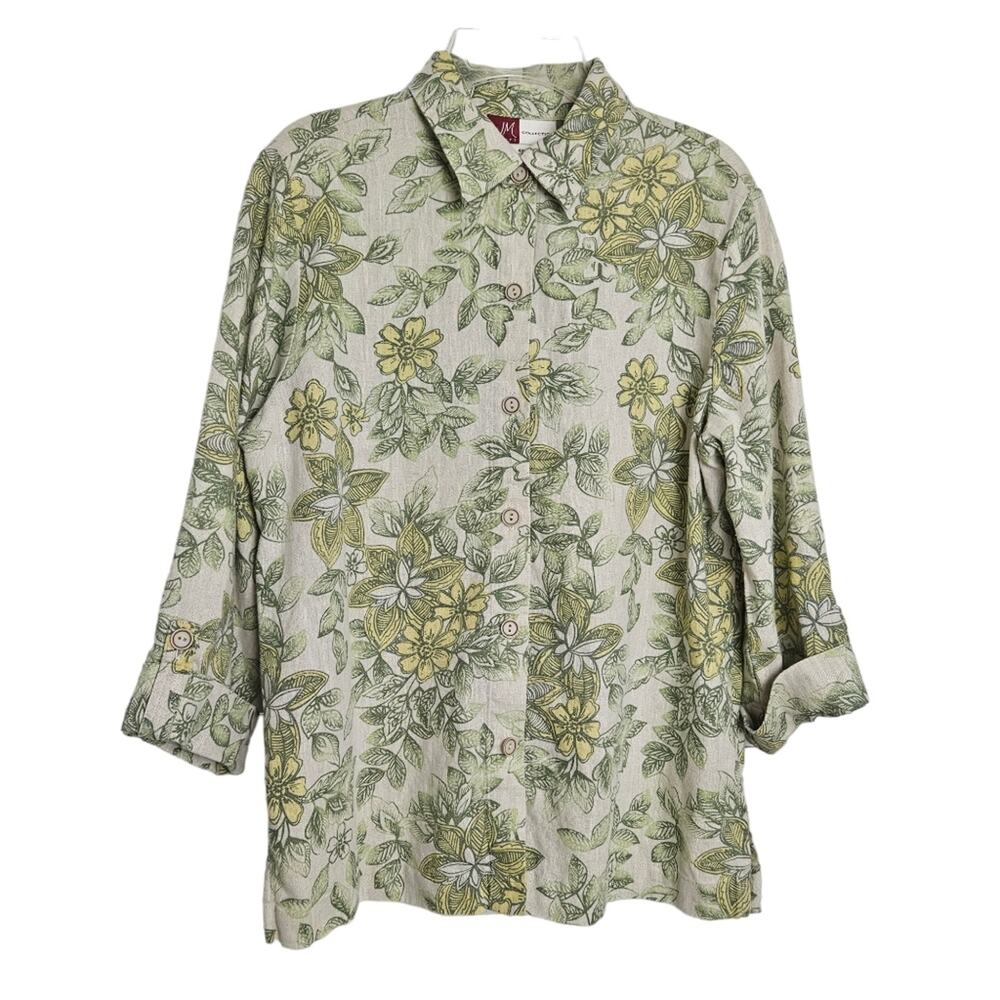 JM Collection Womens Green Floral Linen Button Down Shirt Size 4P Boho Cottage